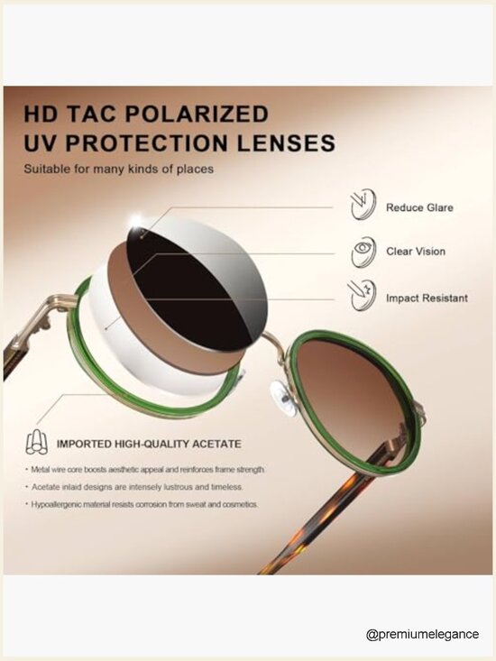 Retro Round Sunglasses Polarized UV Protection Acetate-Metal Frame Designer main image 4